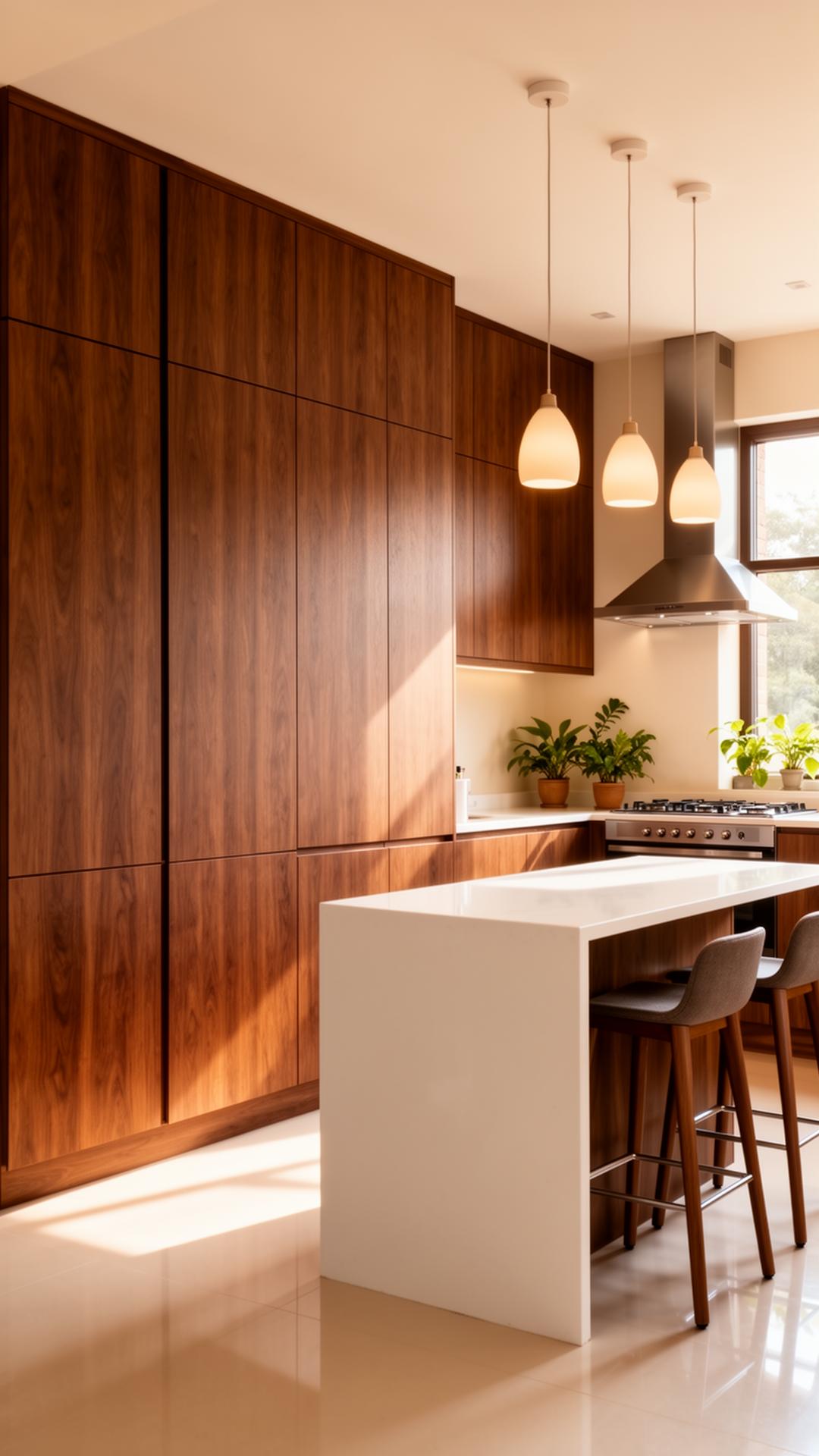 ModuCrafts modular kitchen with warm walnut cabinetry